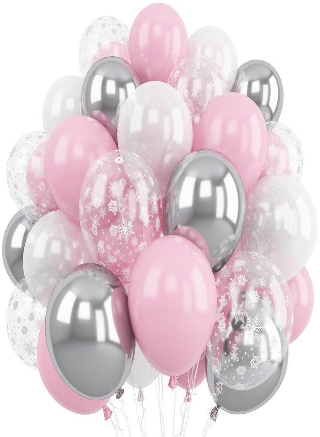 Froova Pink and Silver Balloons, 60Pcs Winter Onederland Party Decorations, Pastel Light Pink Pearl White Metallic Silver Latex Balloon with Snowflake Balloon for Winter Wonderland Baby Shower Birthday Decor - Image 1